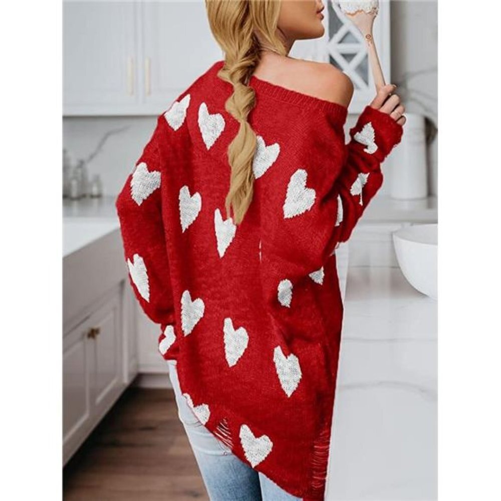 Women's Off Shoulder Pullovers Sweater Loose Hearts Printed Ripped Top, Red - Picture 3 of 5